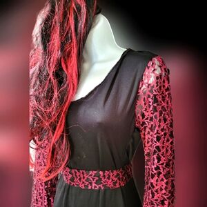 🎃Gothic Victorian Black Dress with ruby lace Ladies Halloween Sz m witch vampir
